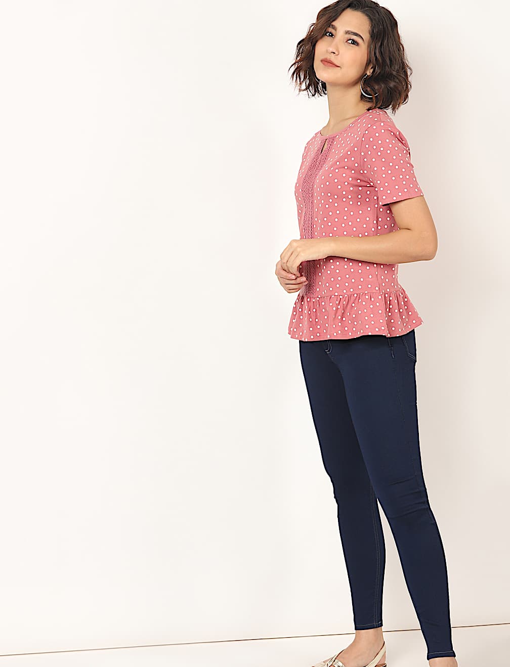 Cotton Mix Polka Dots Key Hole Neck Top
