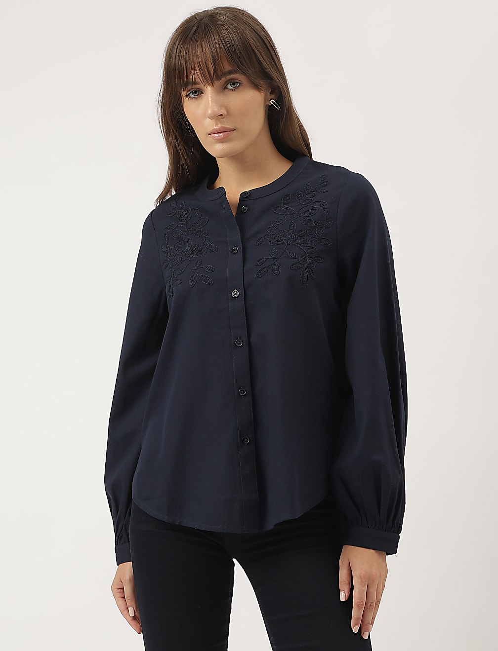 Pure Cotton Embroidered Band Collar Blouse