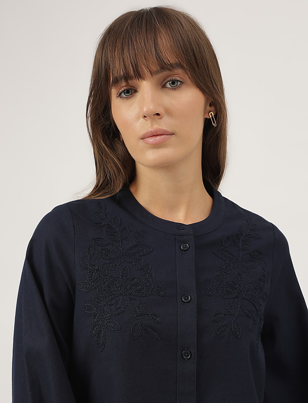 Pure Cotton Embroidered Band Collar Blouse