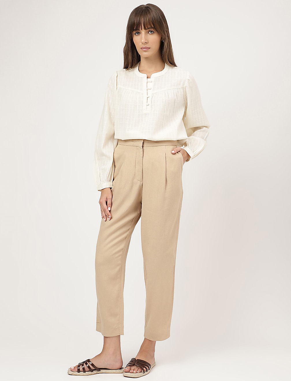 Pure Cotton Plain Mandarin Collar Blouse