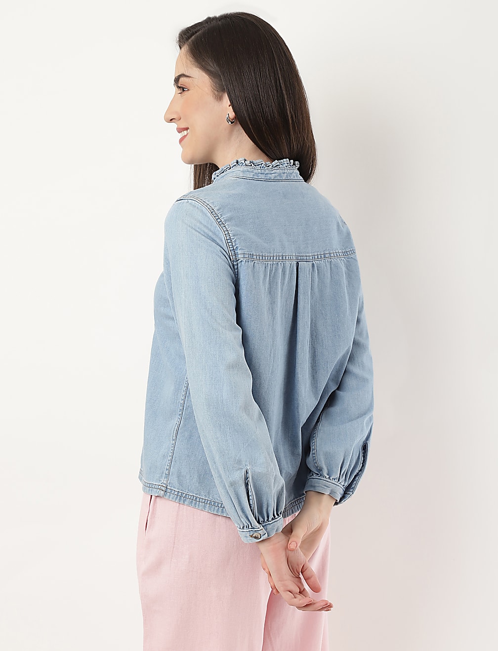 Pure Cotton Pleated Mandarin Collar Top