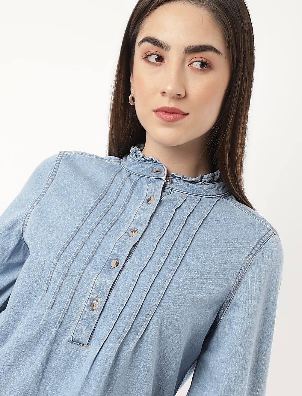 Pure Cotton Pleated Mandarin Collar Top