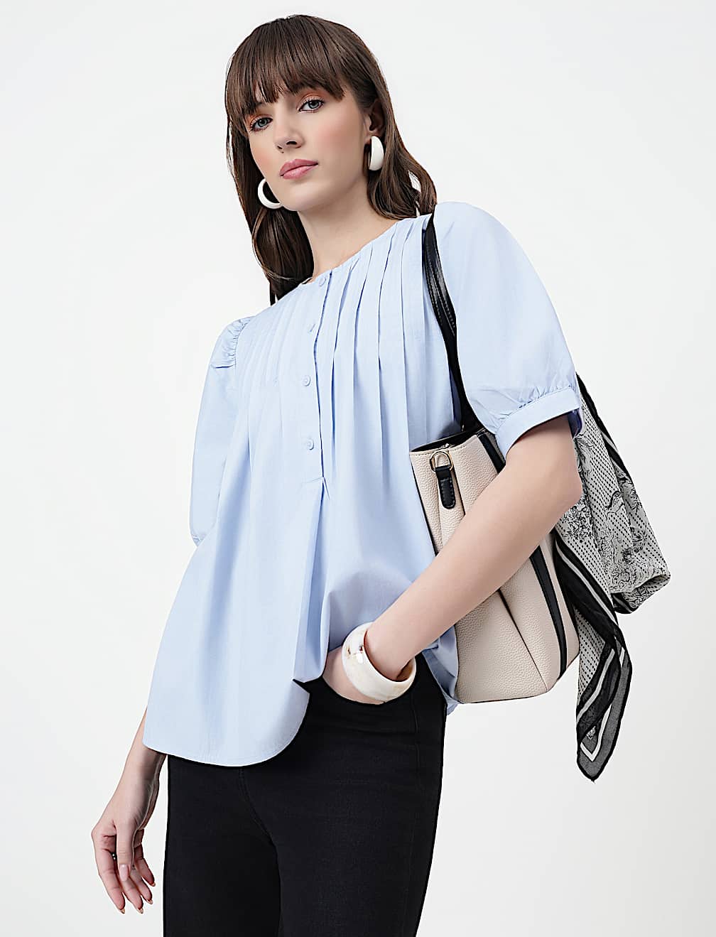 Pure Cotton Pintuck Round Neck Top