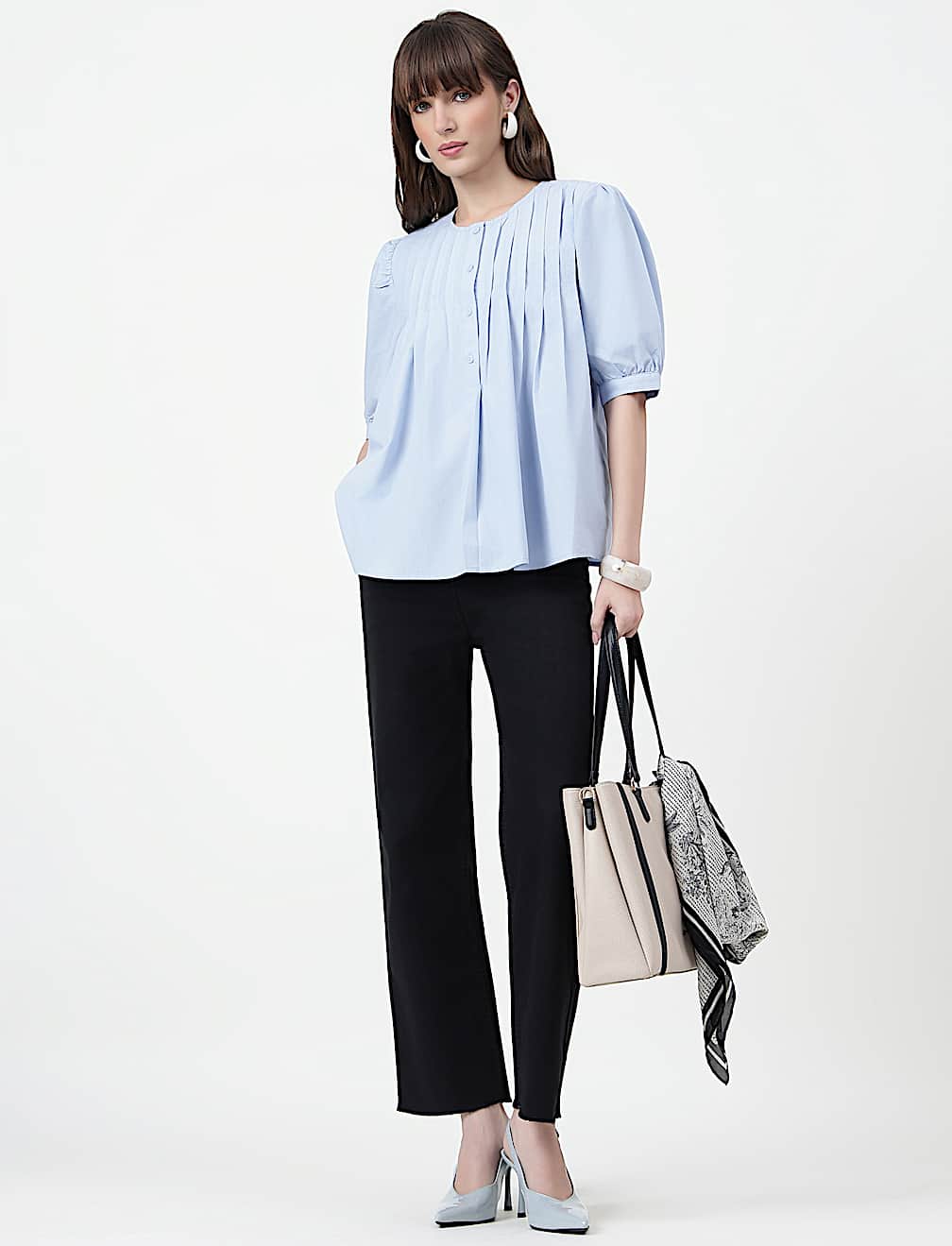 Pure Cotton Pintuck Round Neck Top