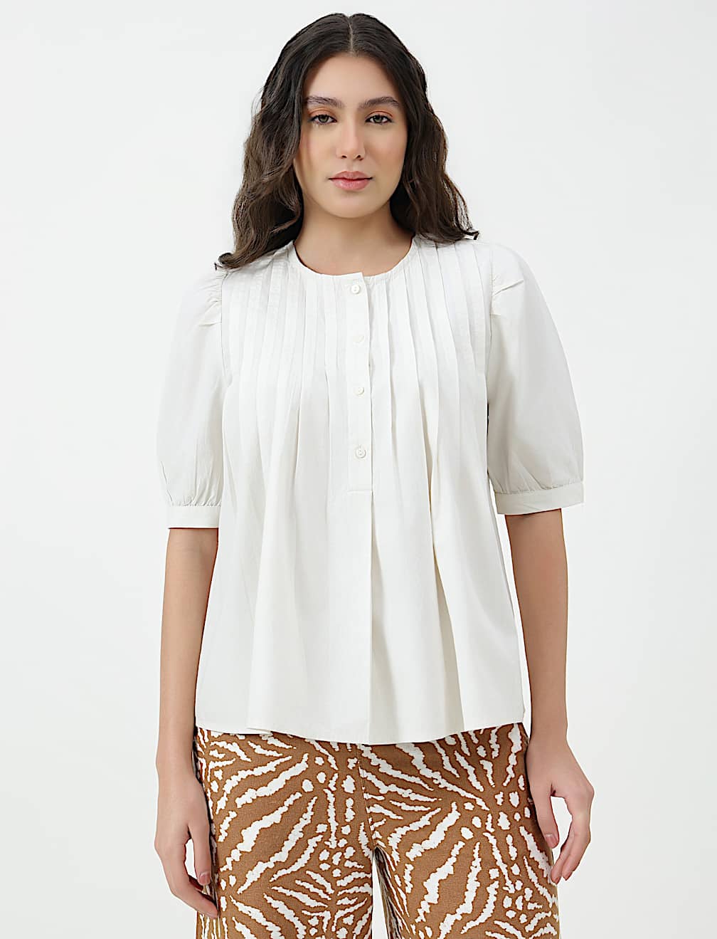 Pure Cotton Pleated Round Neck Top