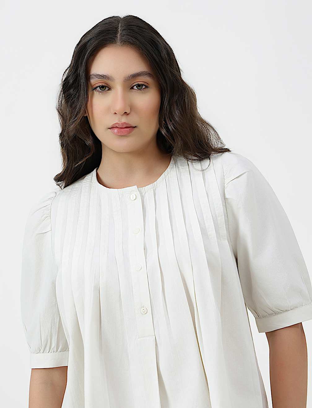 Pure Cotton Pleated Round Neck Top