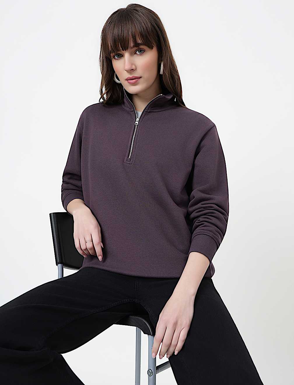 Cotton Rich Plain High Neck Sweatshirt