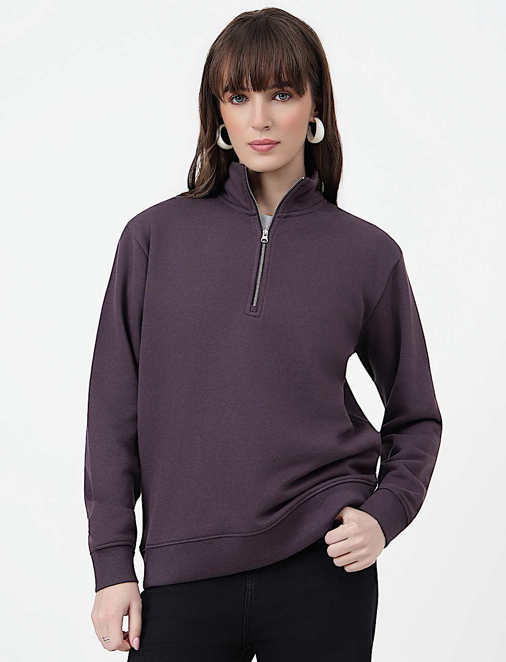 Cotton Rich Plain High Neck Sweatshirt