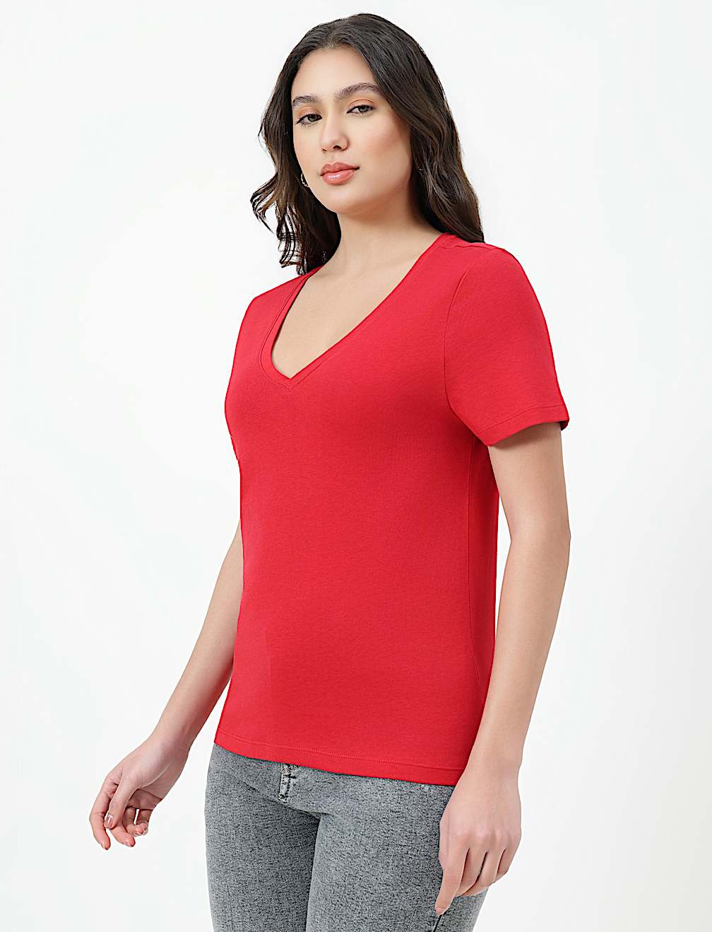 Pure Cotton Plain V-Neck T-shirt