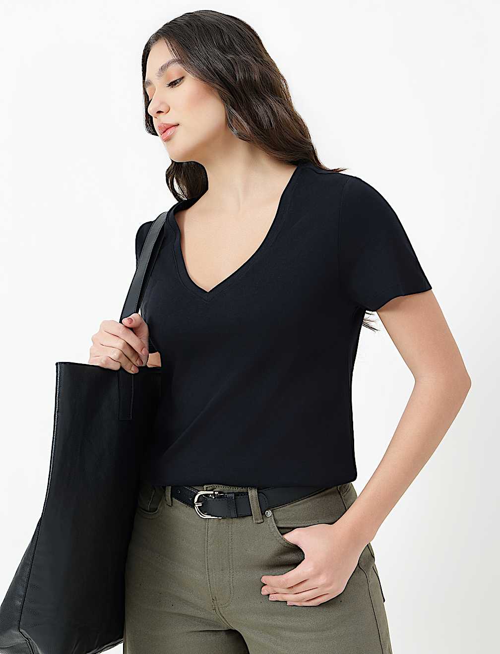 Pure Cotton Plain V-Neck T-shirt