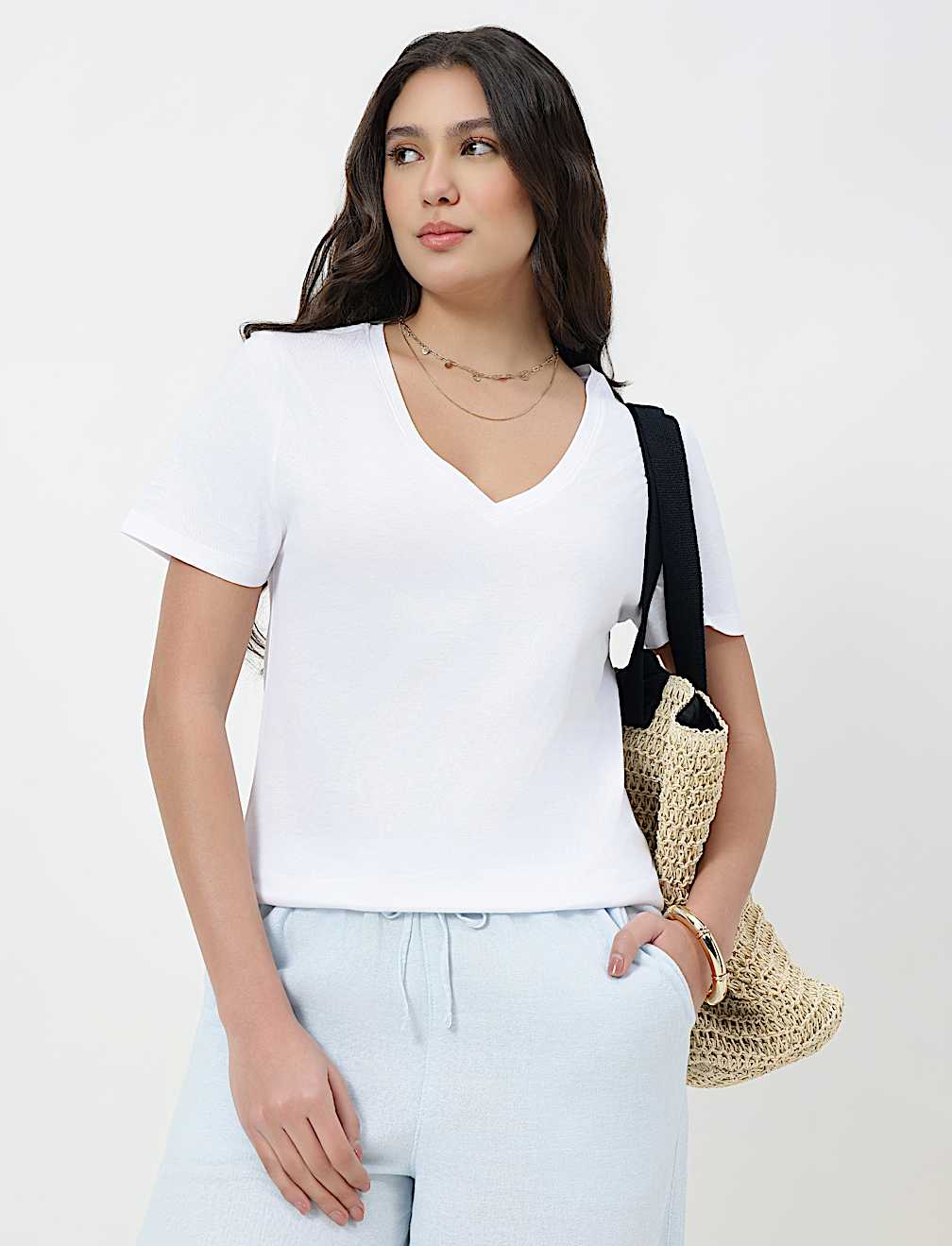 Pure Cotton Plain V-Neck T-shirt