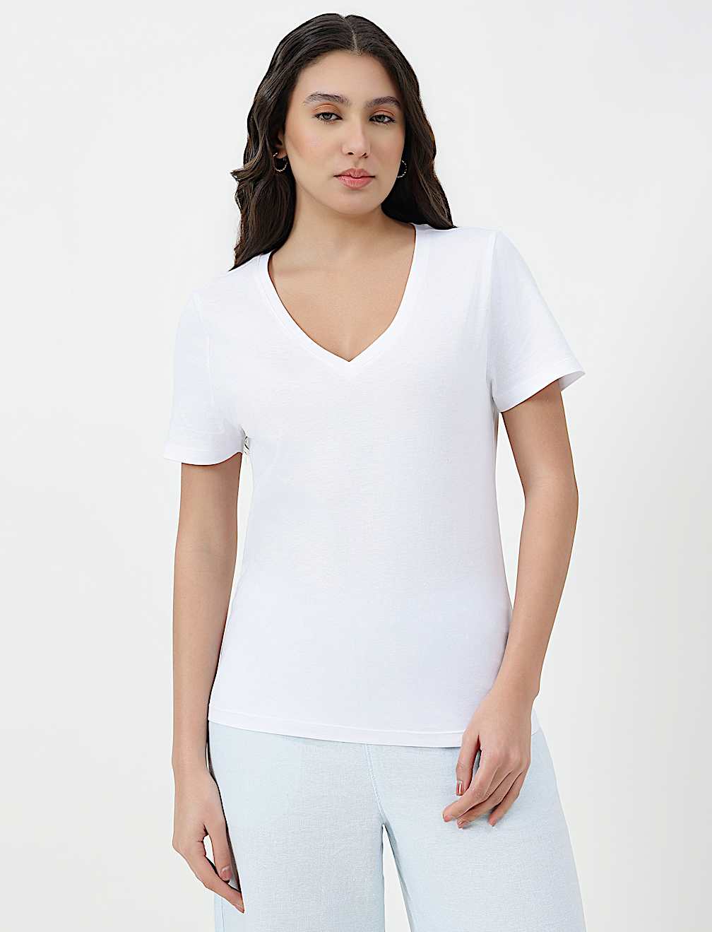 Pure Cotton Plain V-Neck T-shirt