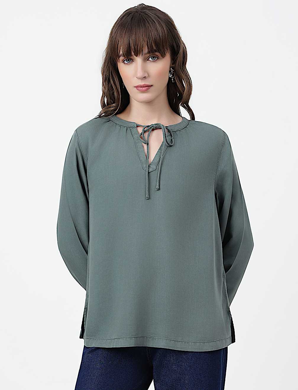 Lyocell Plain Tie-Up Neck Top