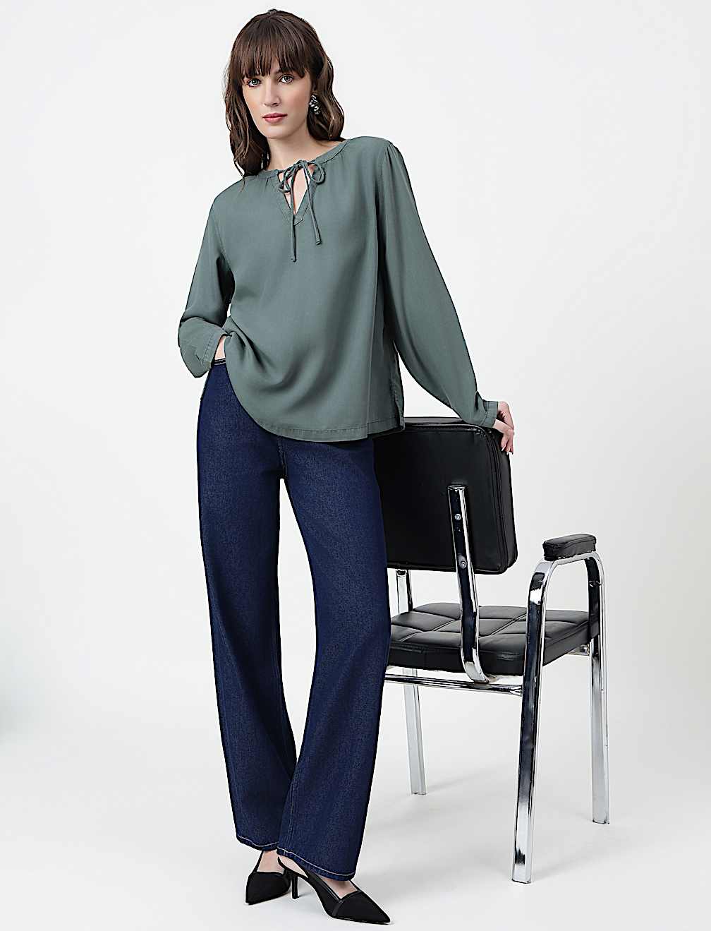 Lyocell Plain Tie-Up Neck Top