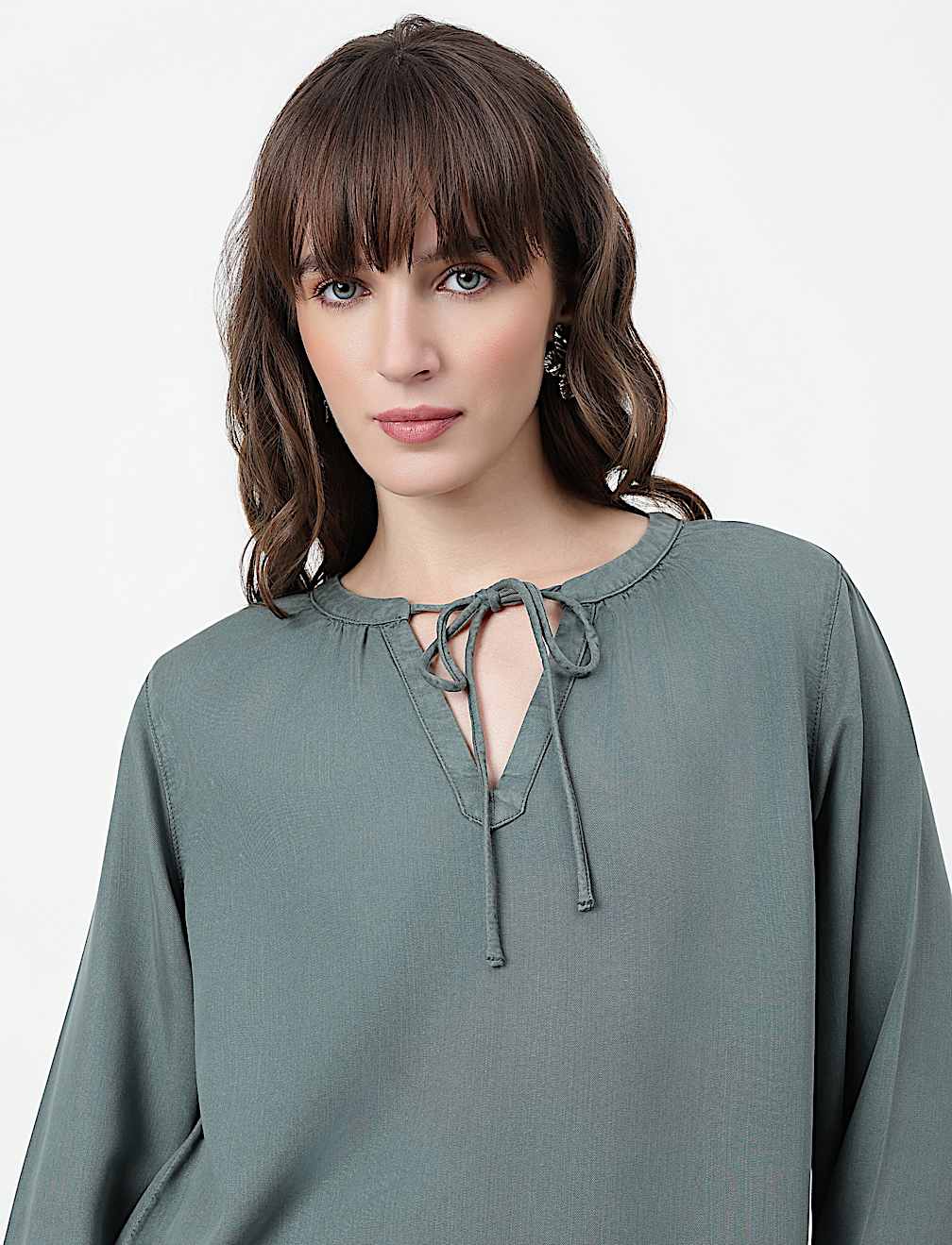 Lyocell Plain Tie-Up Neck Top
