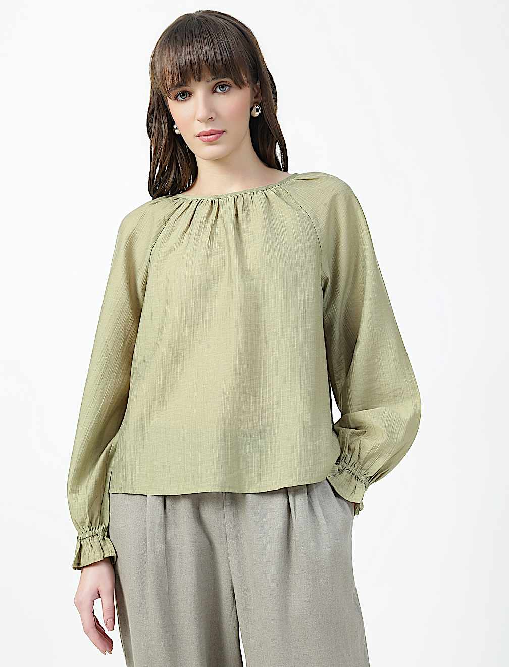 Lyocell Rich Bow Print Round Neck Top