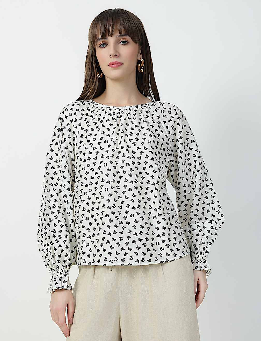 Lyocell Rich Bow Print Round Neck Top