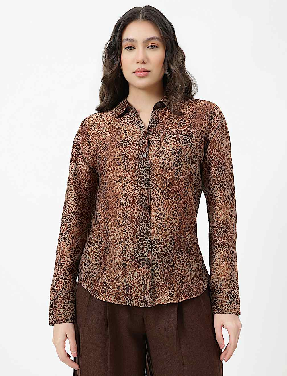 Lyocell Lepard Print Spread Collar Shirt