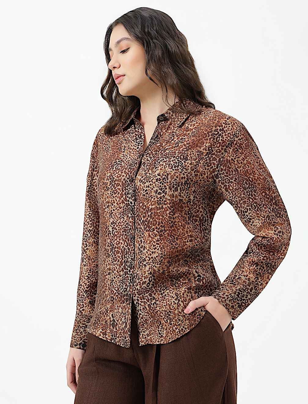 Lyocell Lepard Print Spread Collar Shirt