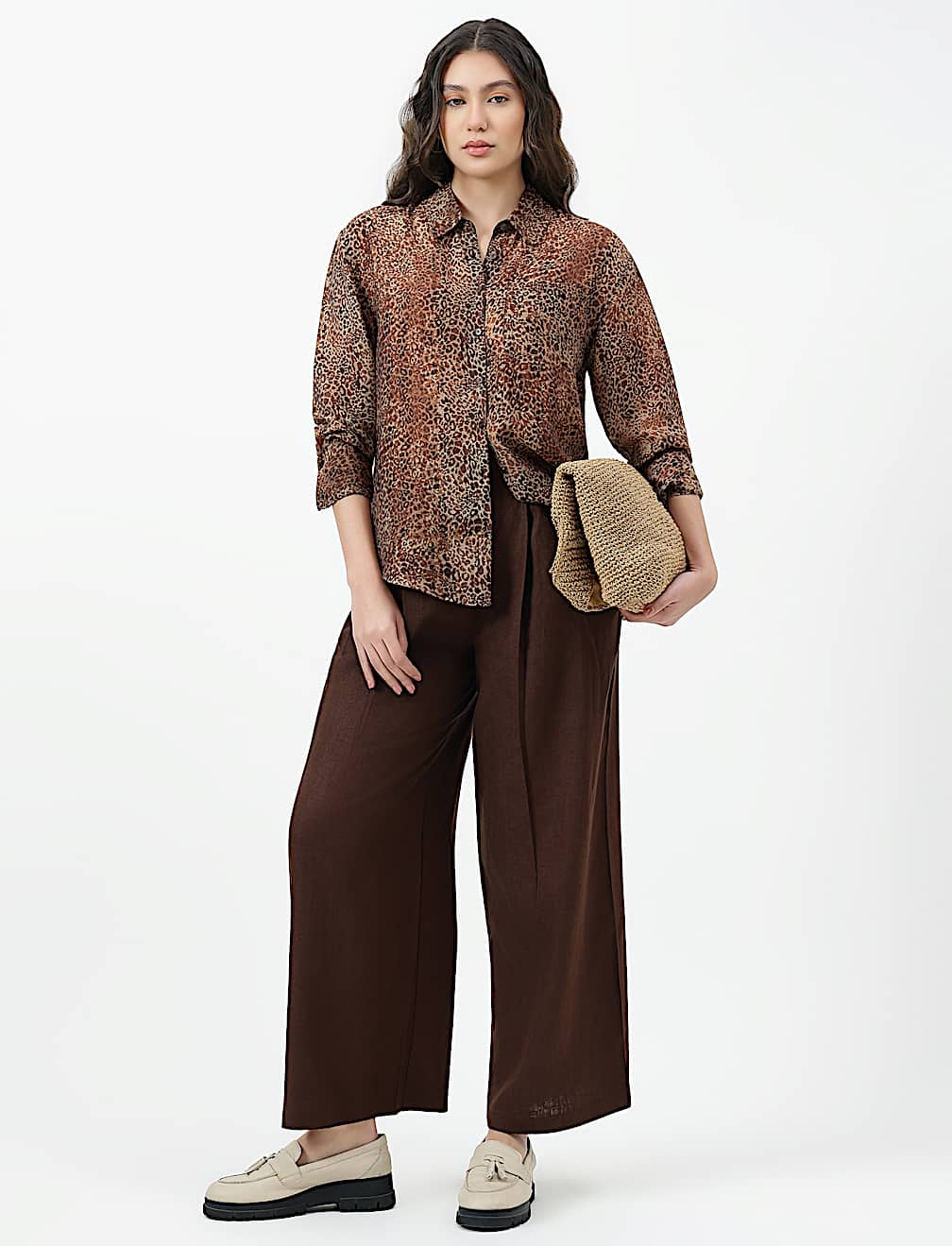 Lyocell Lepard Print Spread Collar Shirt