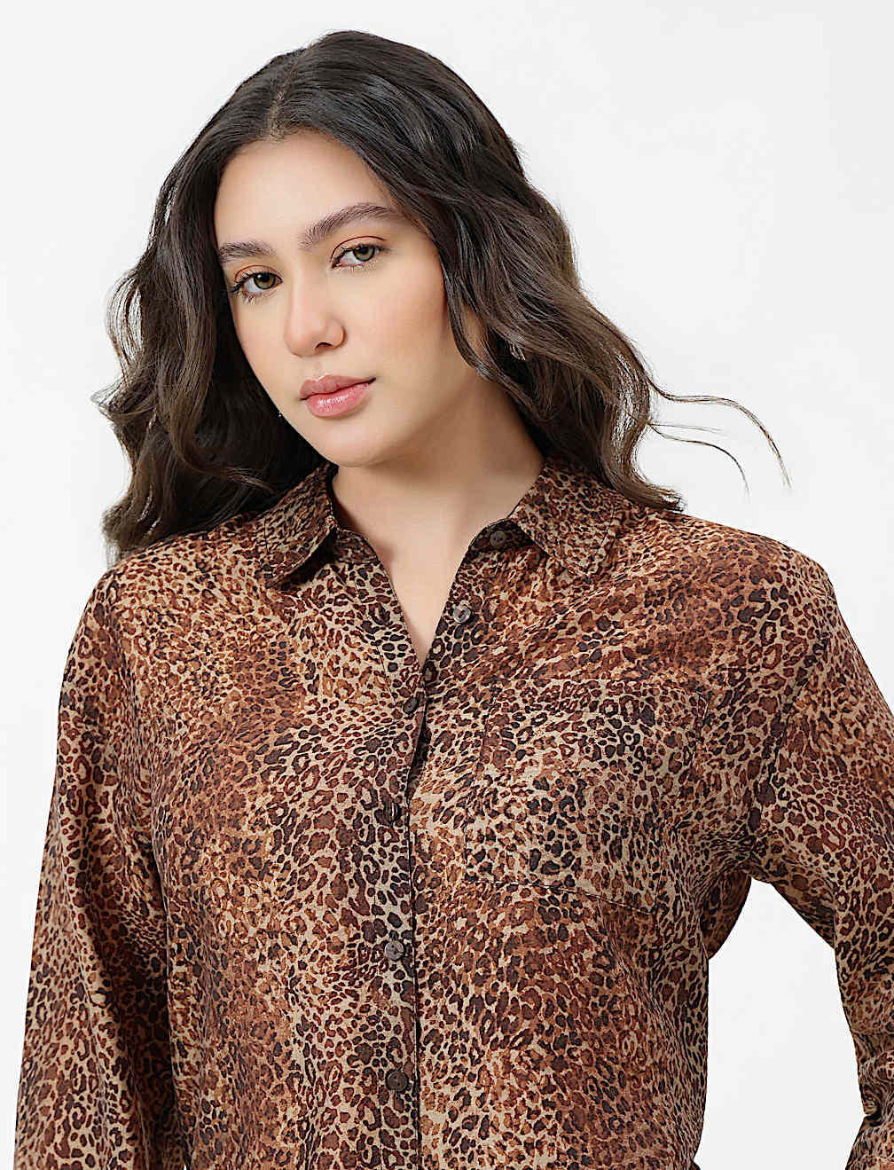 Lyocell Lepard Print Spread Collar Shirt