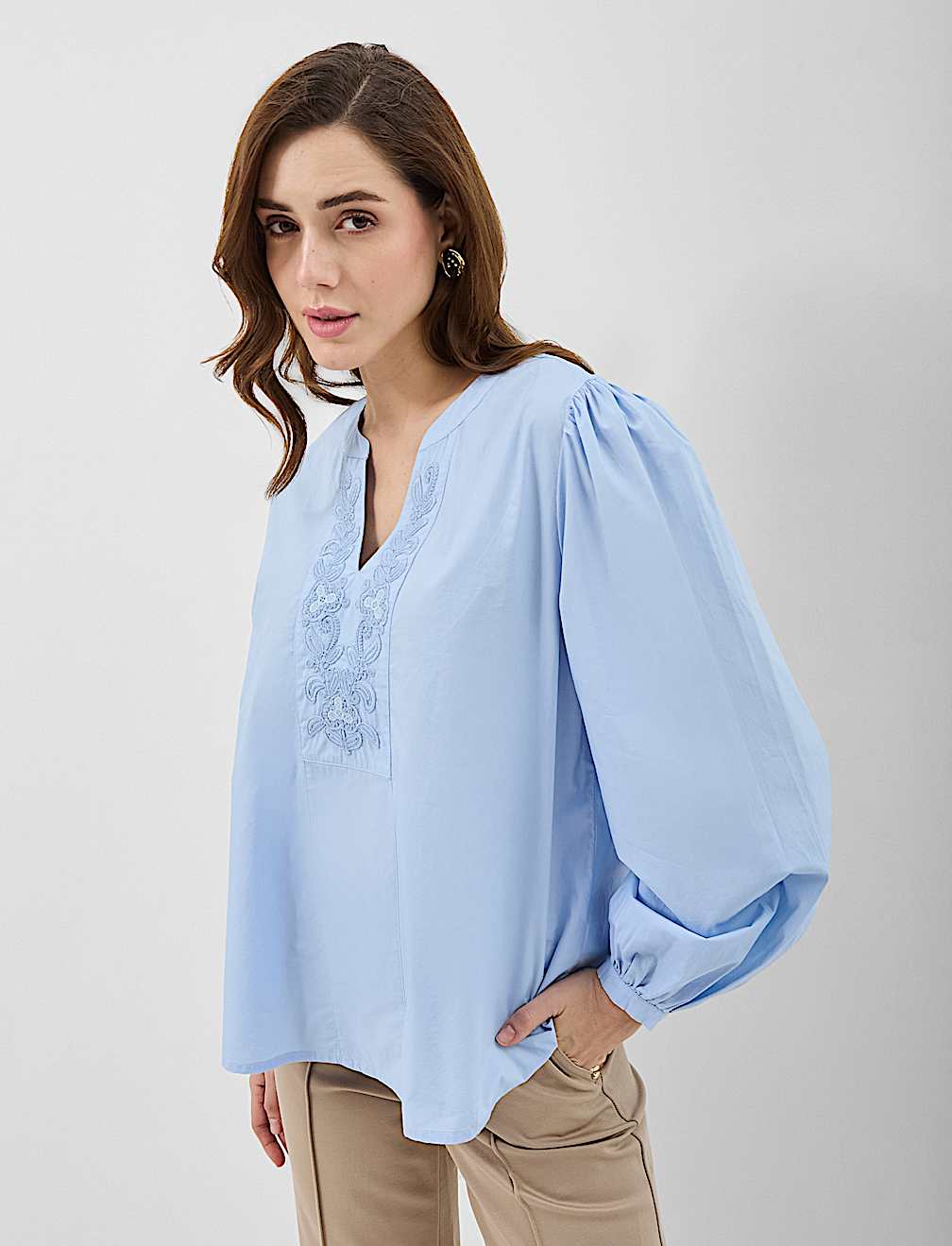 Pure Cotton Embroidered Balloon Sleeve Top