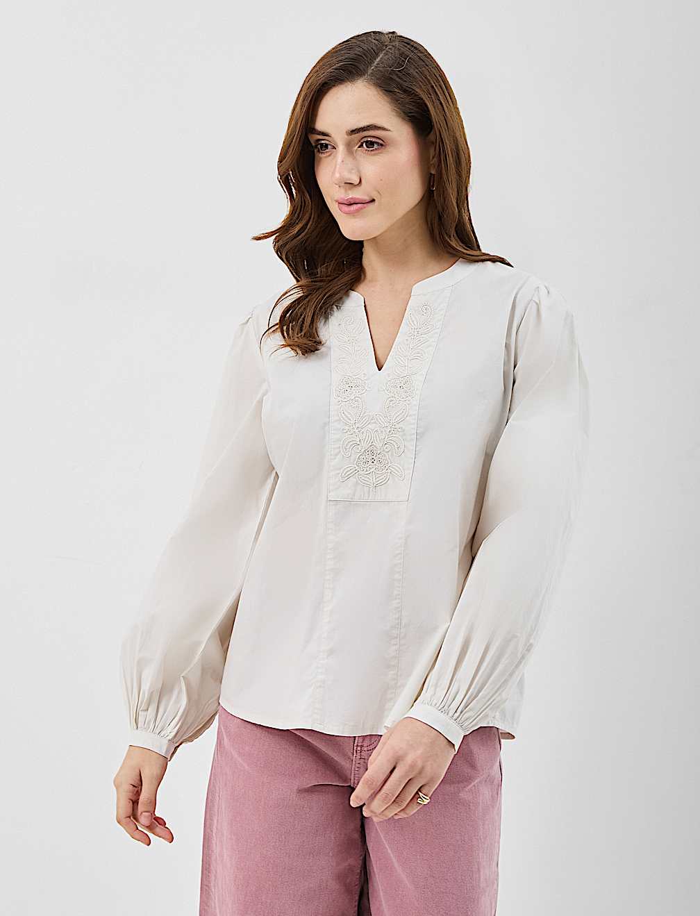 Pure Cotton Embroidered Balloon Sleeve Top