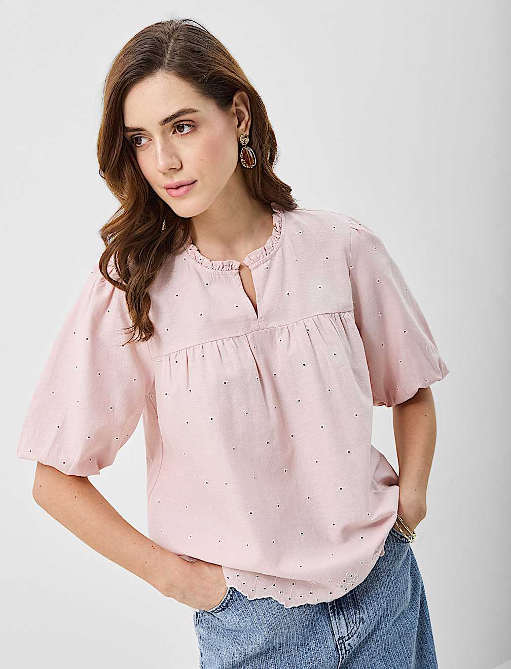 Cotton-Rich Embroidered Balloon Sleeve Top