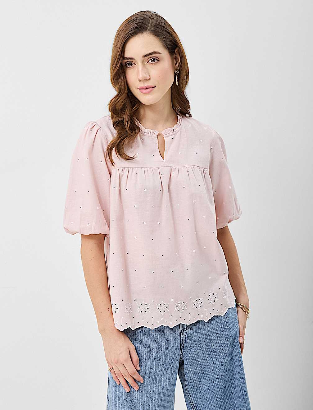 Cotton-Rich Embroidered Balloon Sleeve Top