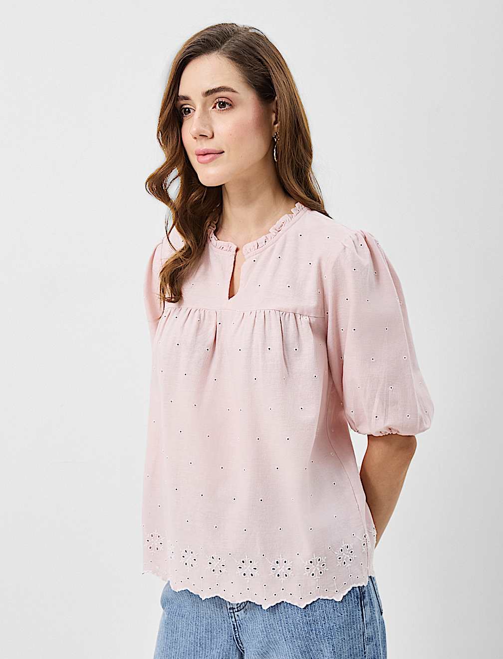 Cotton-Rich Embroidered Balloon Sleeve Top