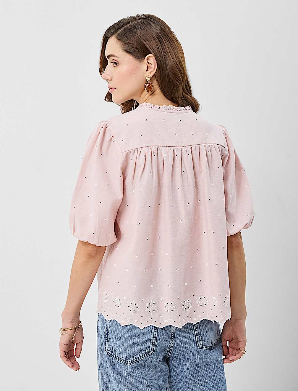 Cotton-Rich Embroidered Balloon Sleeve Top