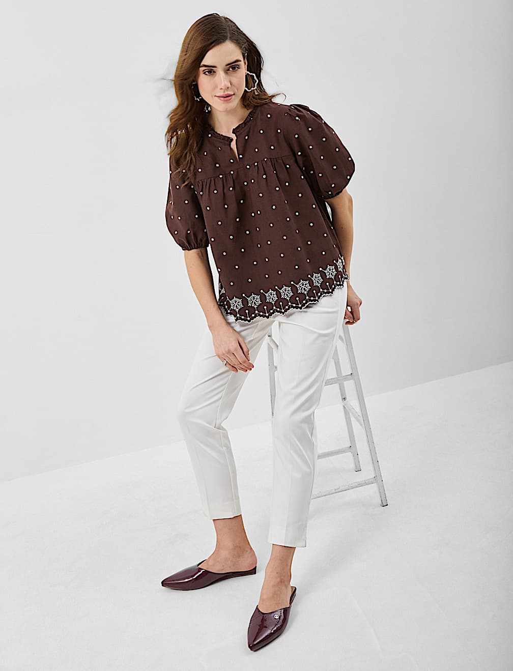 Cotton-Rich Embroidered Balloon Sleeve Top