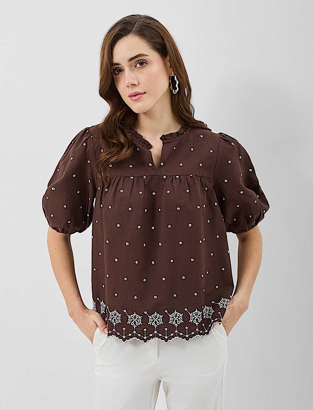 Cotton-Rich Embroidered Balloon Sleeve Top