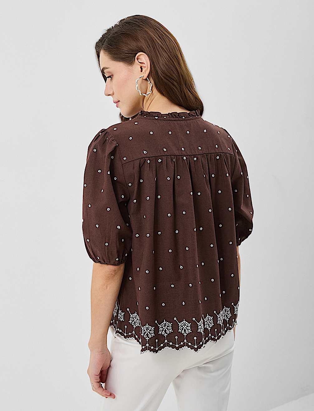 Cotton-Rich Embroidered Balloon Sleeve Top
