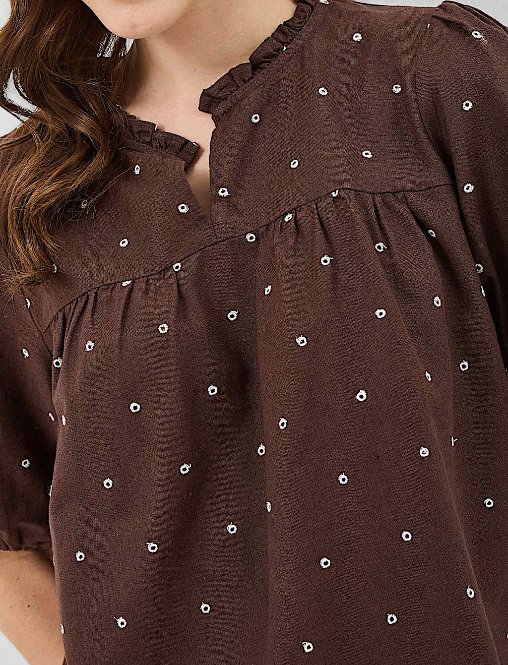 Cotton-Rich Embroidered Balloon Sleeve Top