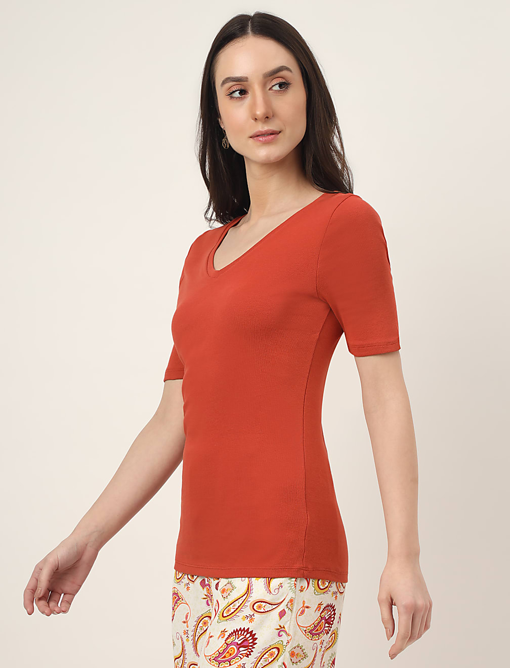 Pure Cotton Solid V-Neck T-Shirt