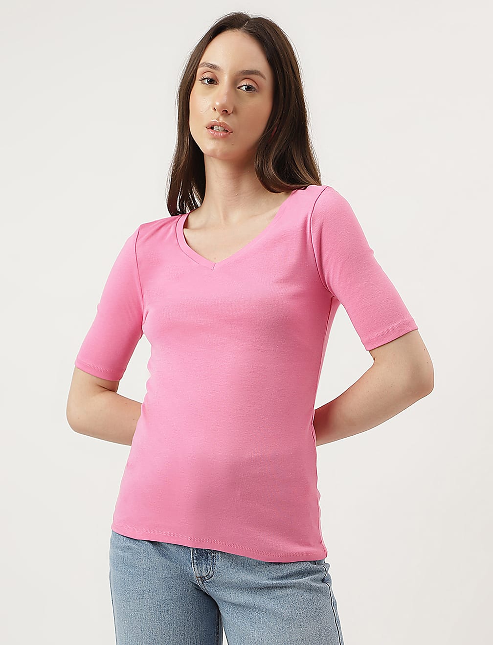 Pure Cotton Solid V-Neck T-Shirt