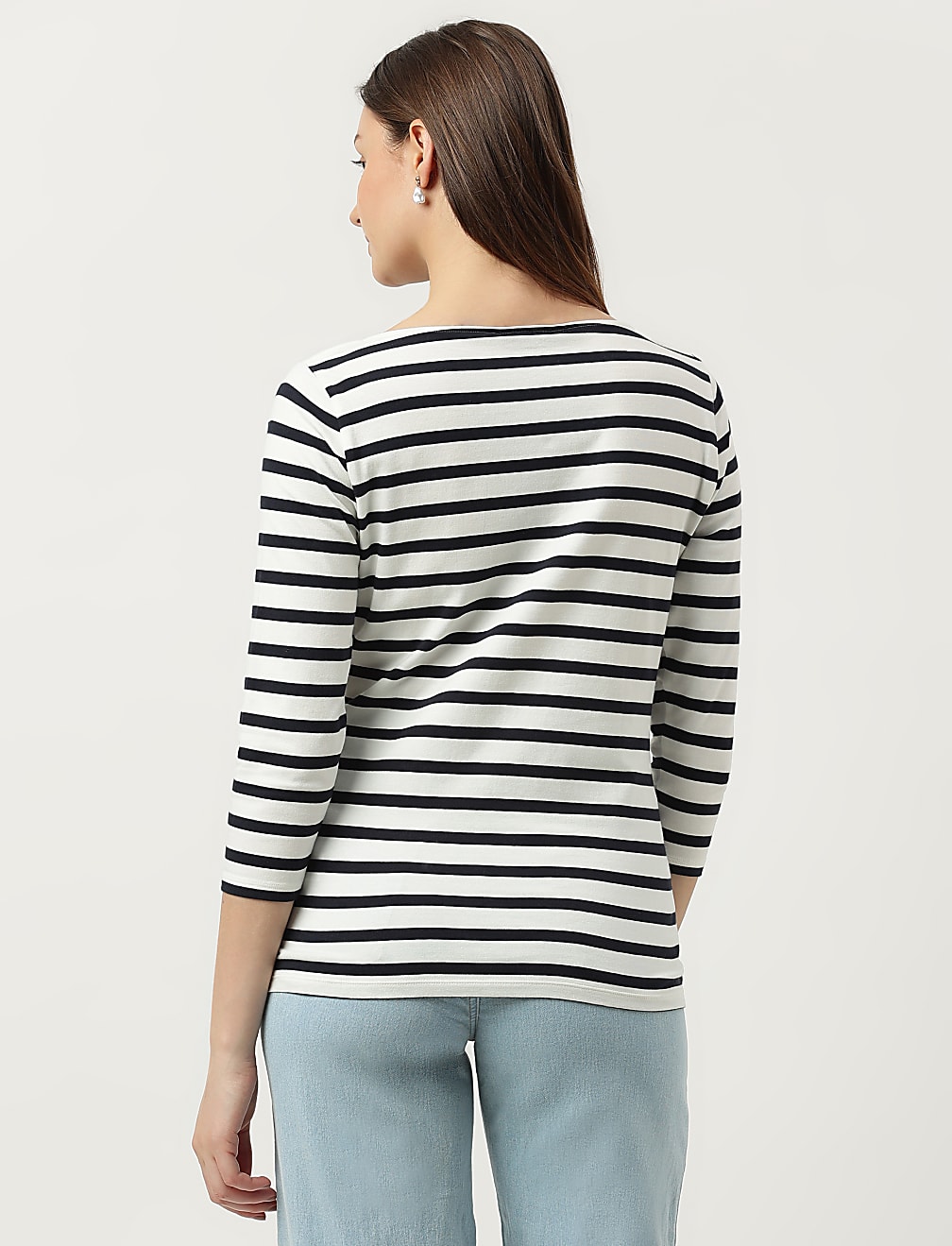 Cotton Mix Striped Boat Neck T-Shirt