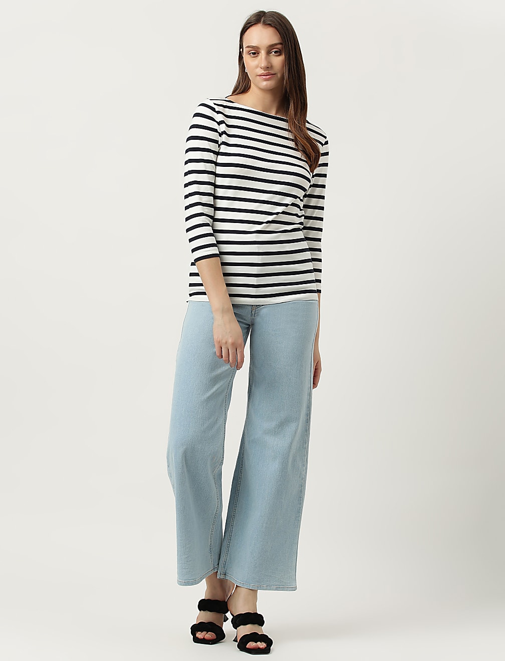 Cotton Mix Striped Boat Neck T-Shirt