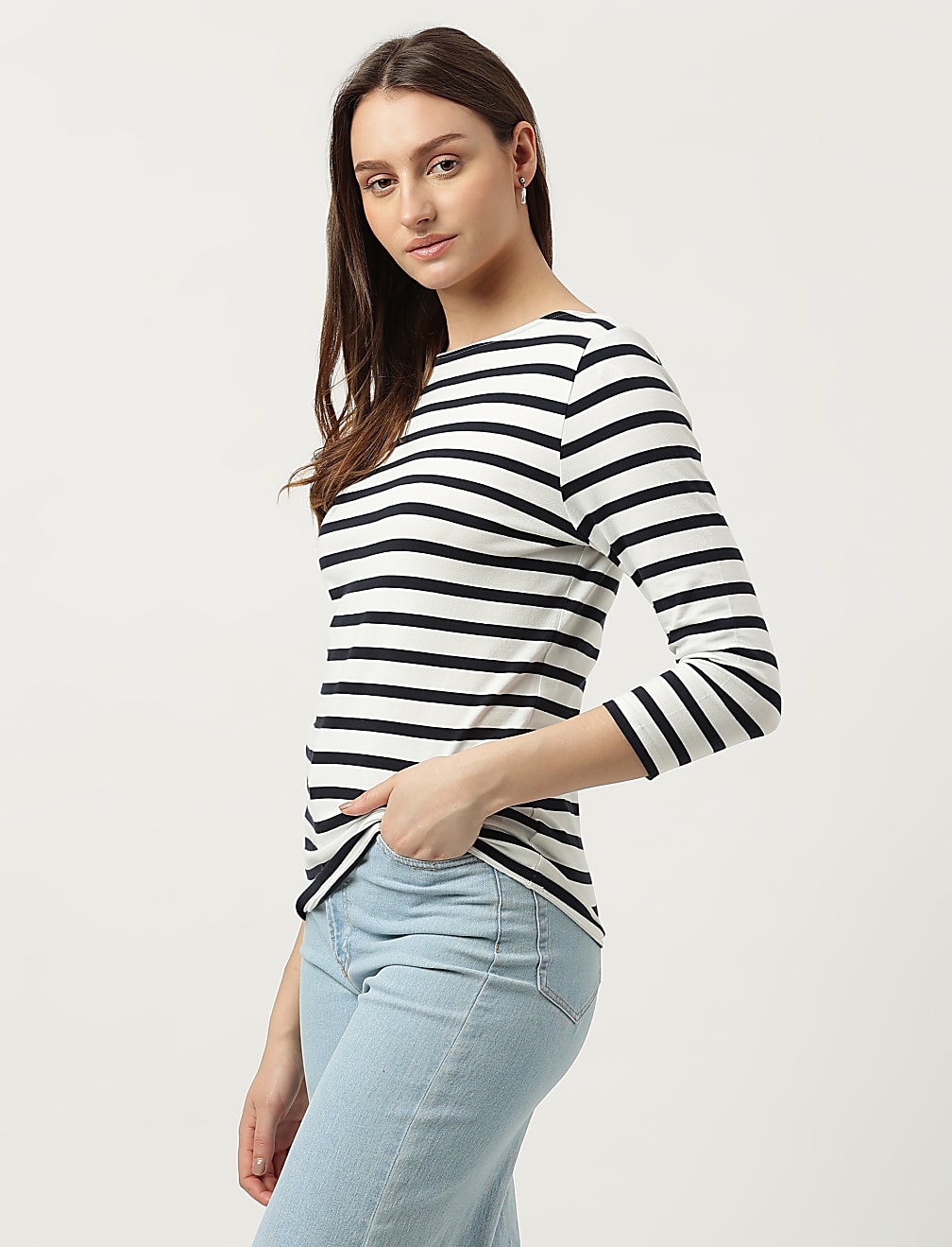 Cotton Mix Striped Boat Neck T-Shirt