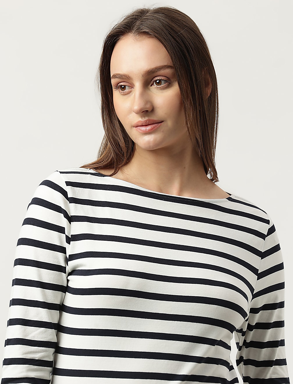 Cotton Mix Striped Boat Neck T-Shirt