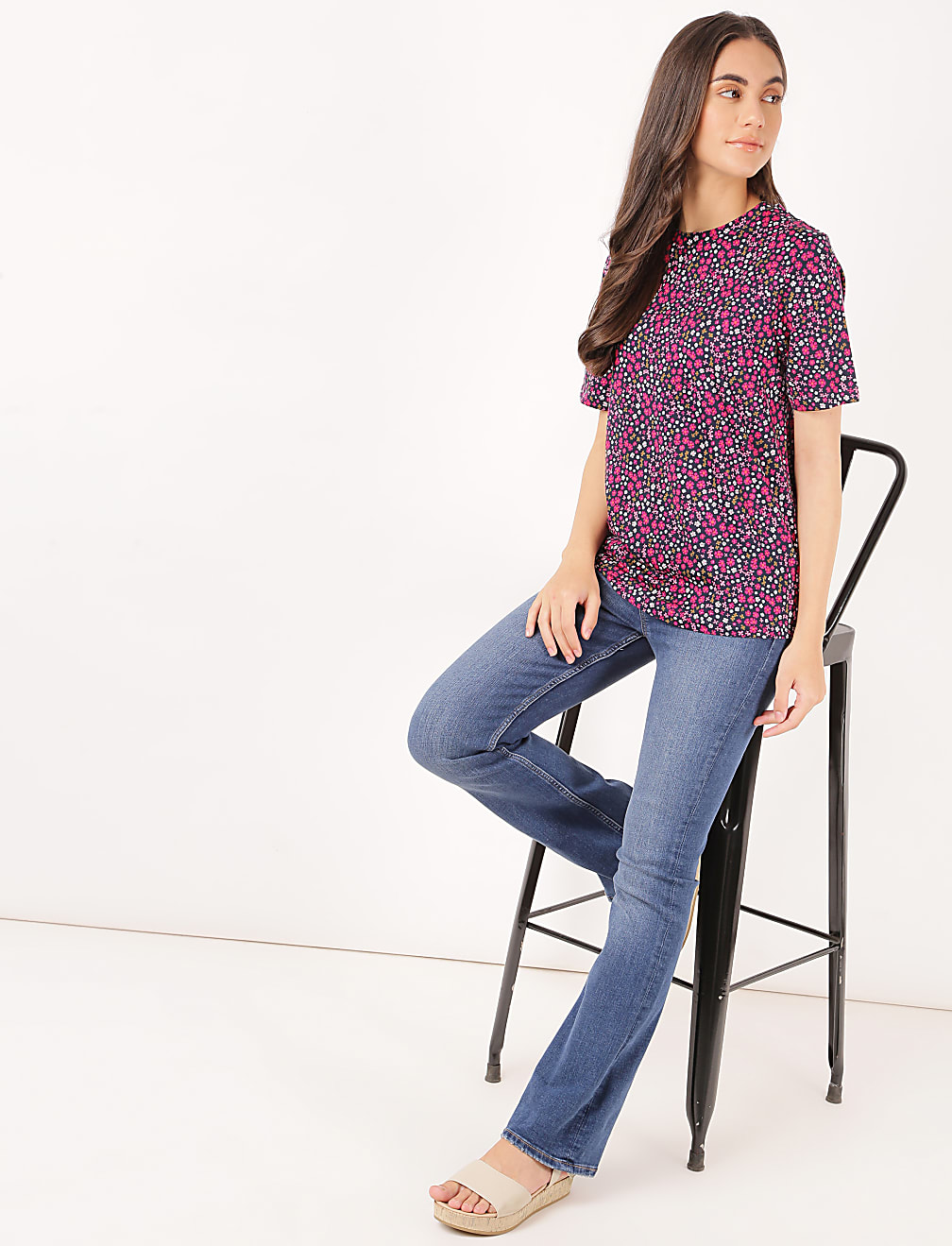 Pure Cotton Floral Print Crew Neck T-shirt