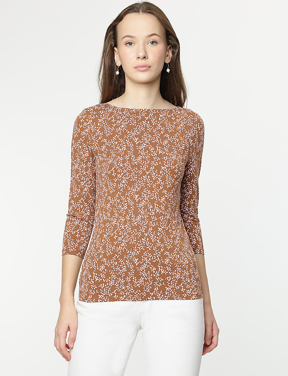 Cotton Rich Leaf Print 3/4 Sleeves T-Shirt