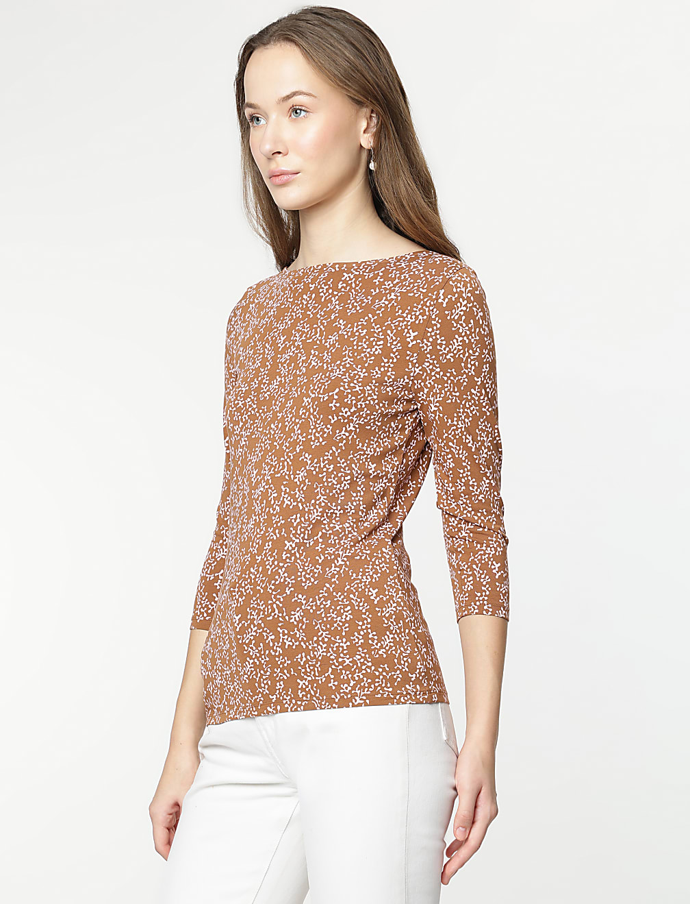 Cotton Rich Leaf Print 3/4 Sleeves T-Shirt