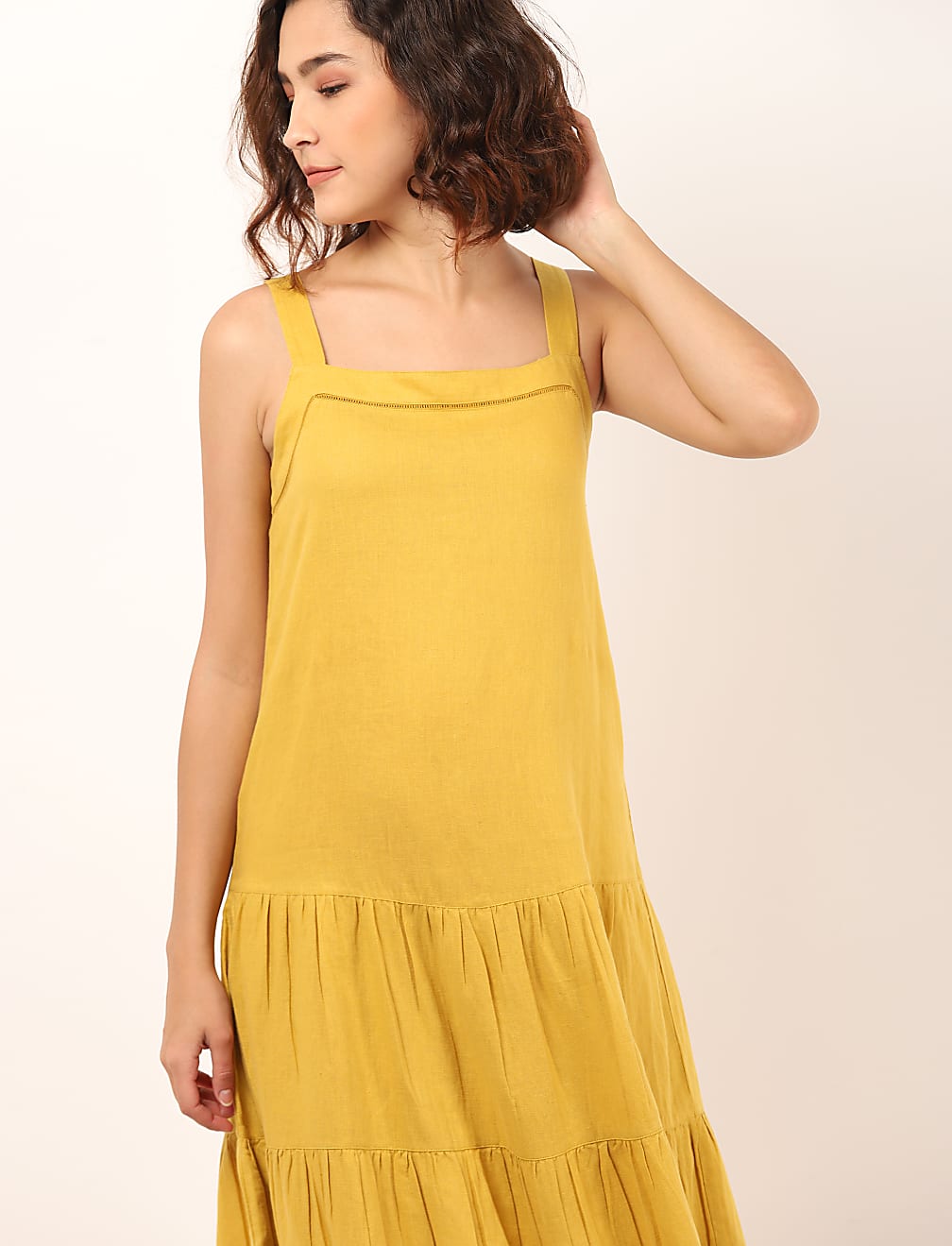 Linen Mix Plain Square Neck Dress