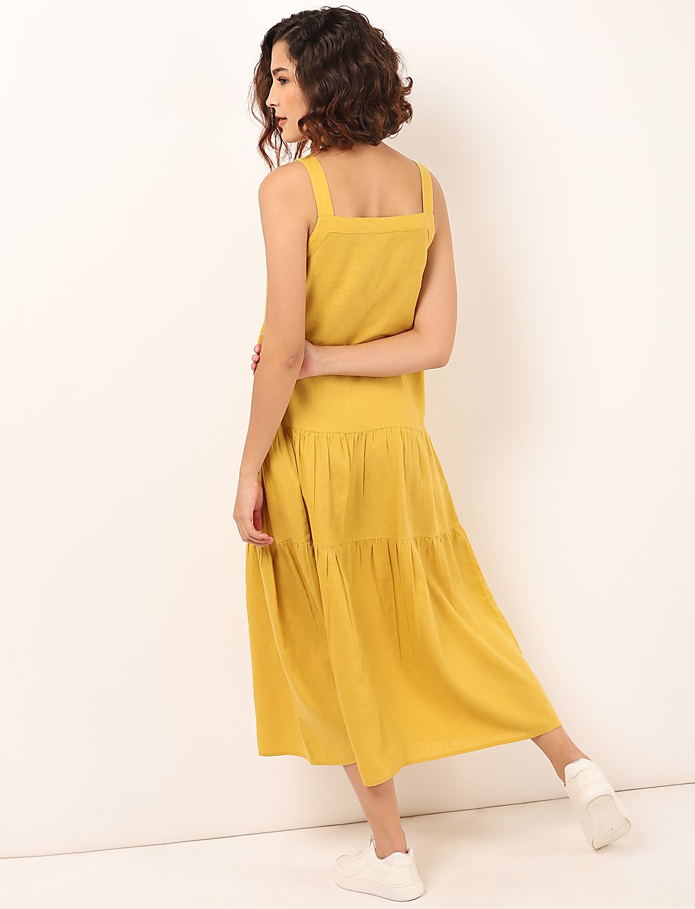 Linen Mix Plain Square Neck Dress