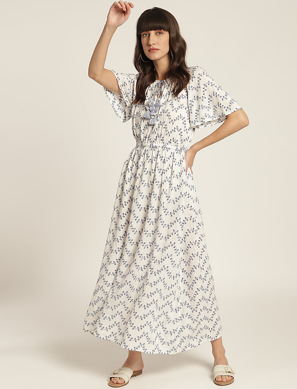Viscose Schiffli Embroidery Tie Neck Dress