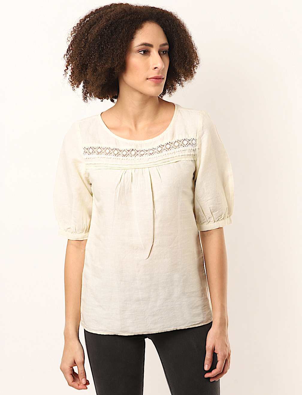 Flax Linen Mix Lace Round Neck Top