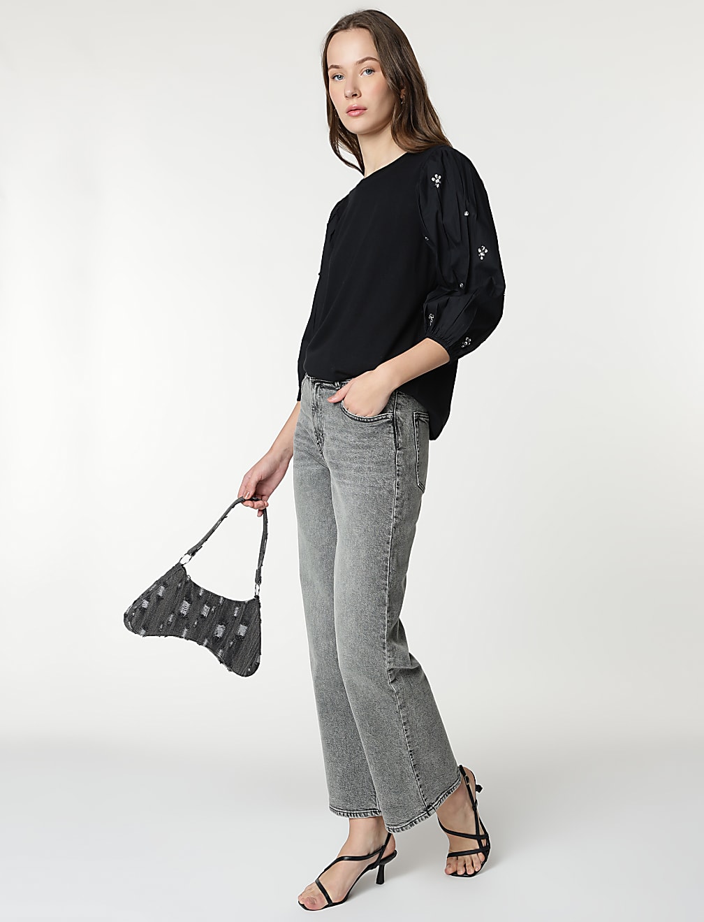 Cotton Rich Embellished 3/4 Sleeves Top