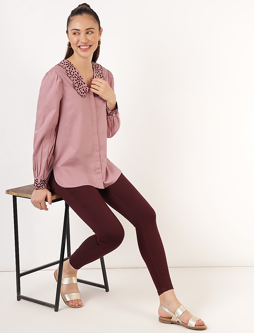 Pure Cotton Embroidered Puritan Collar Top
